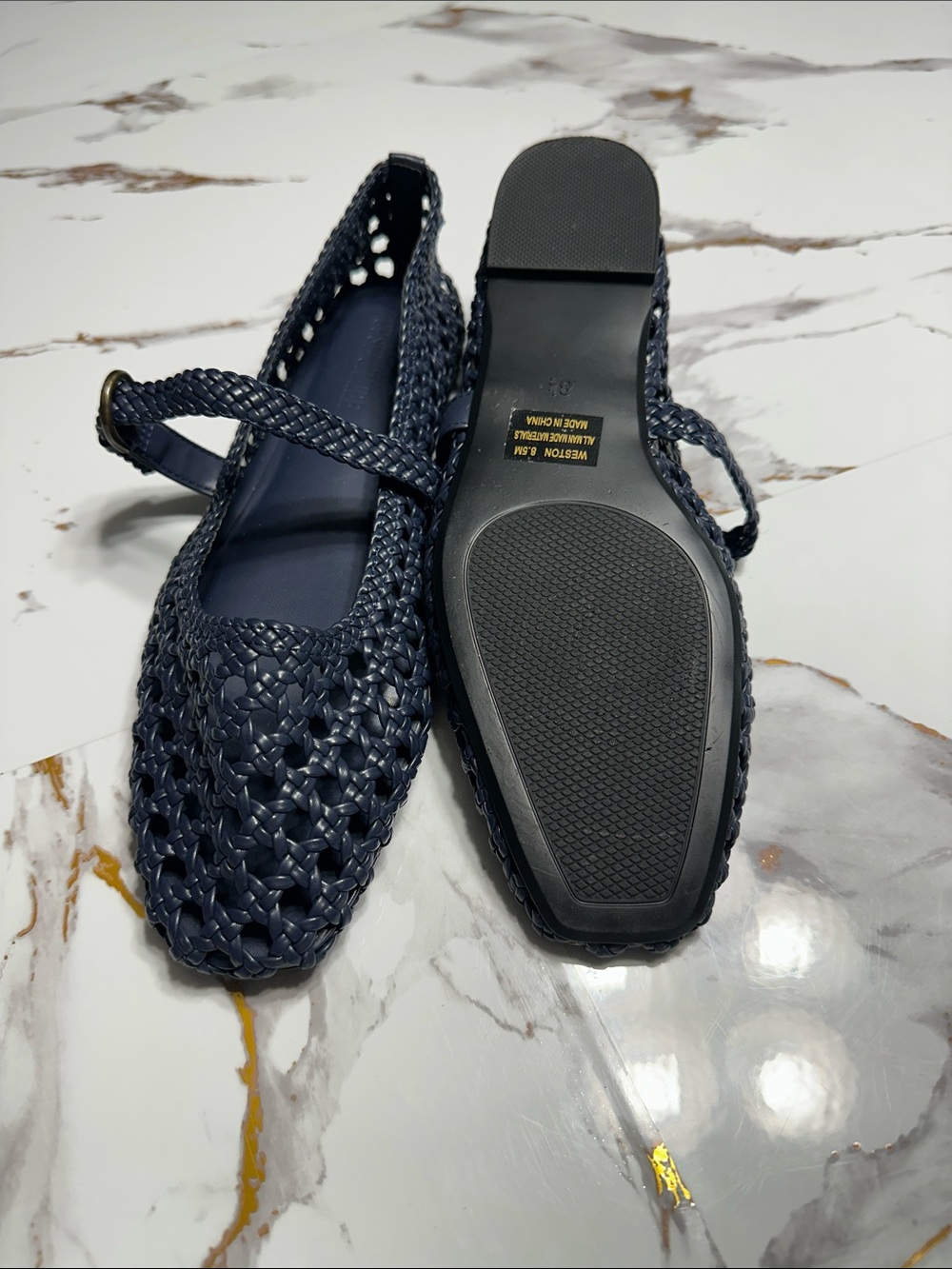 Woven Mary Jane Flats in Navy with Buckle Strap - Picture 6 of 9